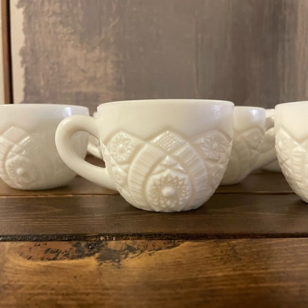 White Vintage Concord Pattern Milk Glass Punch 1930s Set of 8 McKee Tea Cups